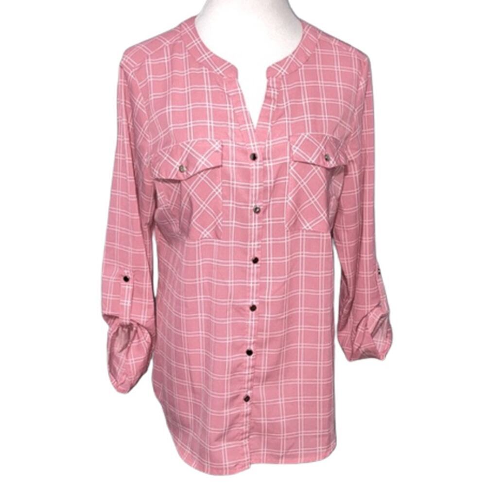NY Collection Pink 3/4 Long Sleeve Plaid Button Front‎ Top Large
